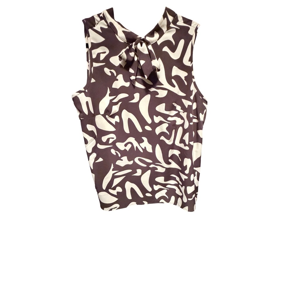 Abstract‎ Graphic Print Sleeveless Blouse Brown Cream Tie Neck Shell Top